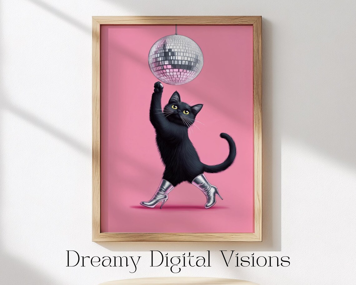 Funny Cat Poster Print, Trendy Disco Ball Art