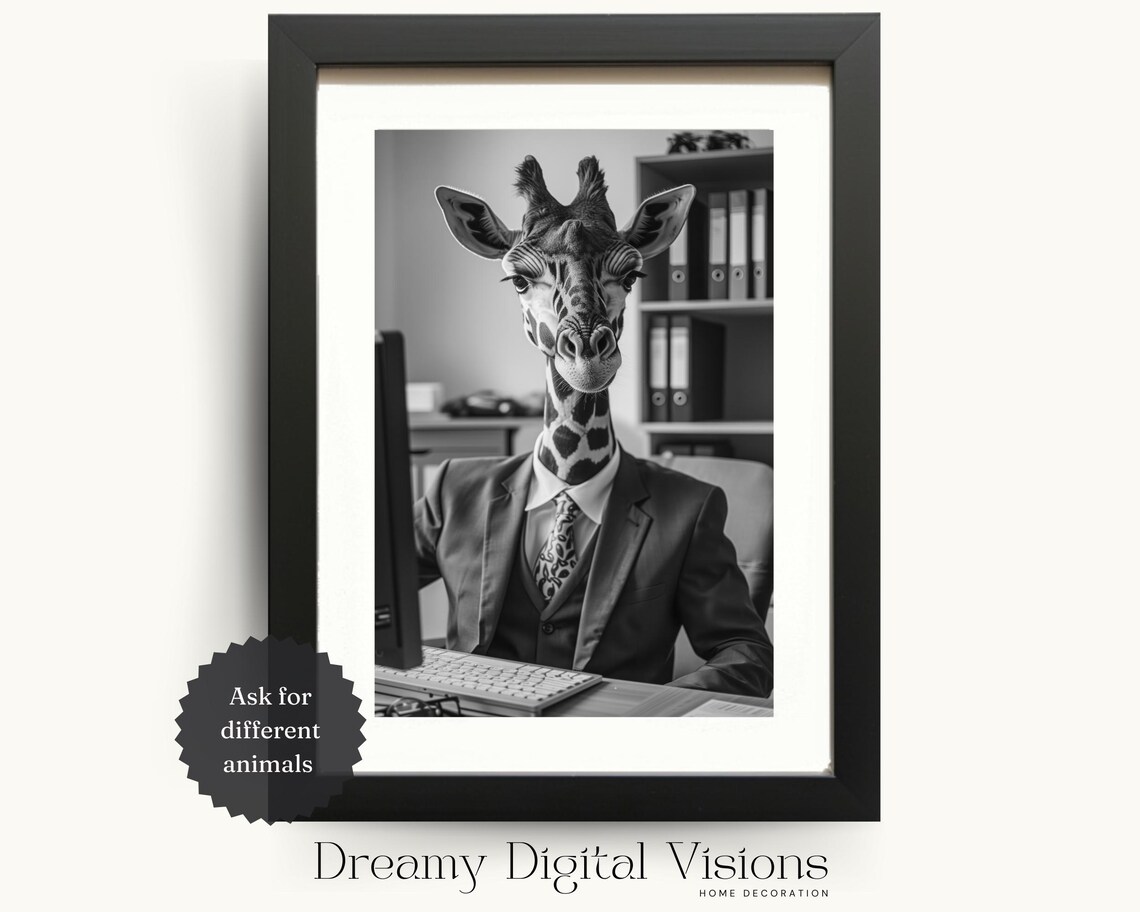 Giraffe in Business Suit at Office Desk Funny Black White Poster