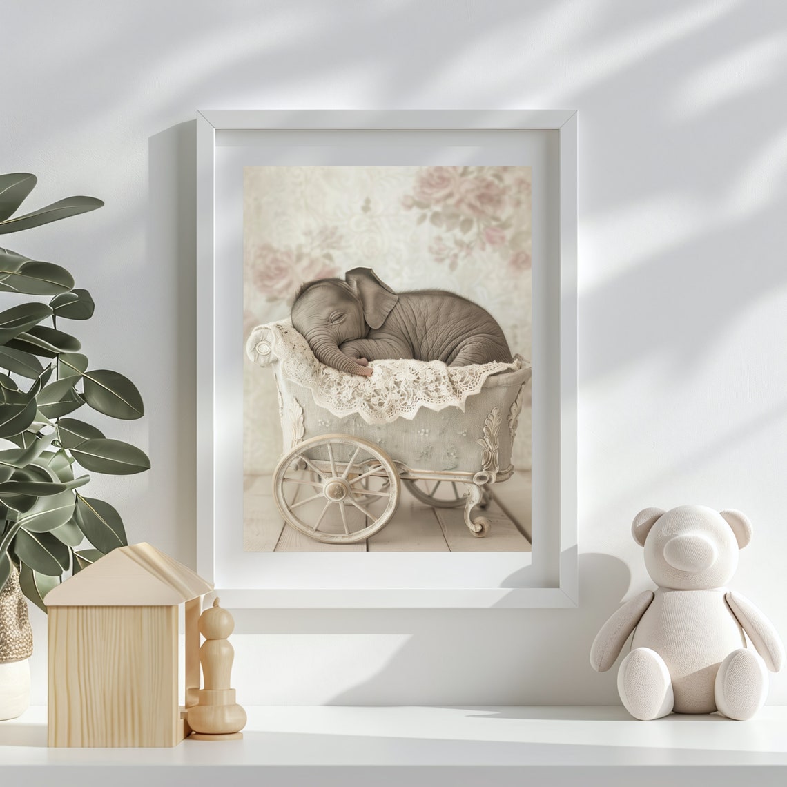 Baby Elephant Sleeping in White Lace Stroller Nursery Photo Poster - Image 2