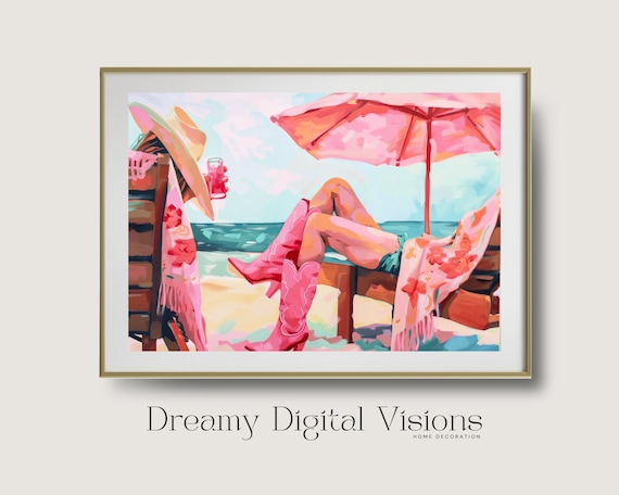 Cowgirl Lounging on Beach Chair with Pink Boots Cocktail Coastal Summer Poster