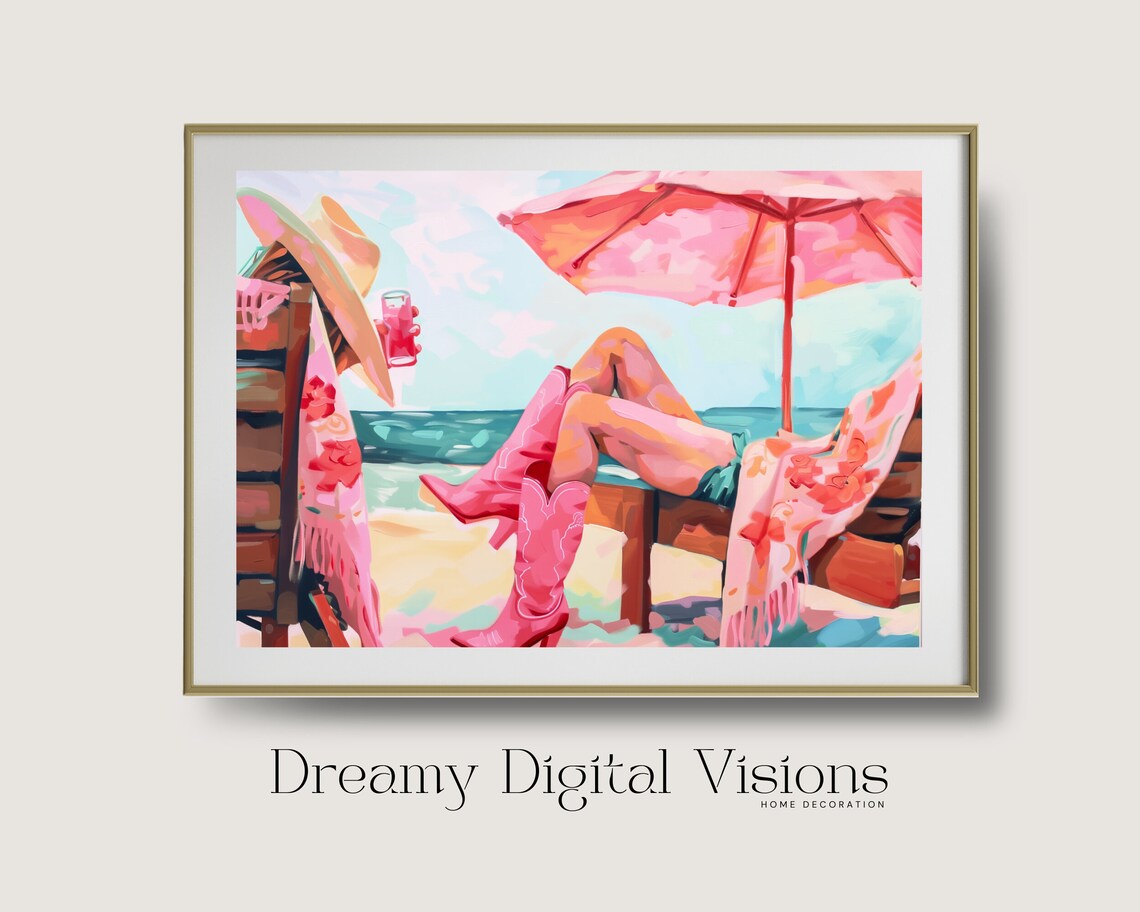 Cowgirl Lounging on Beach Chair with Pink Boots Cocktail Coastal Summer Poster