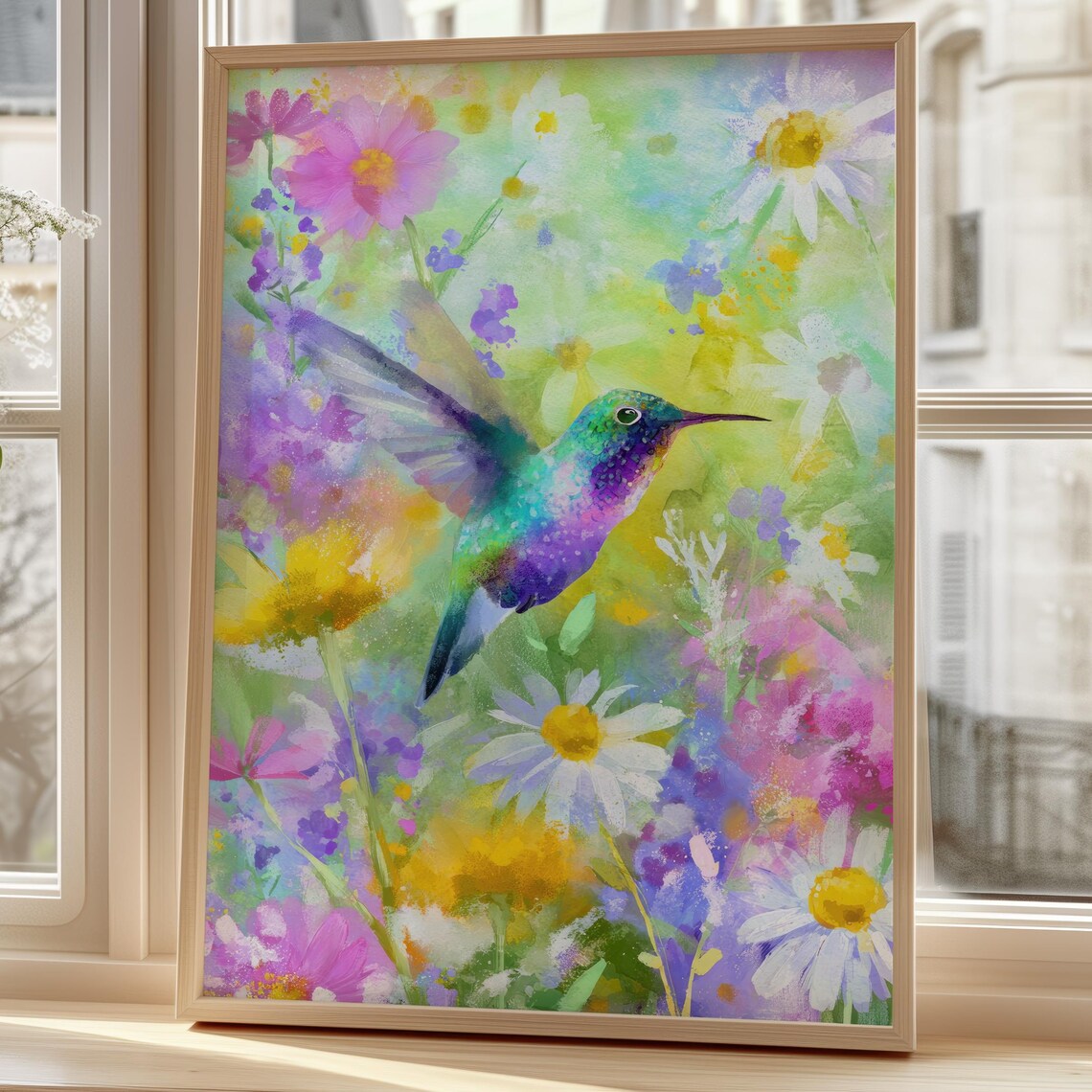 Vibrant Colorful Watercolor Hummingbird Wildflower Garden Wall Art