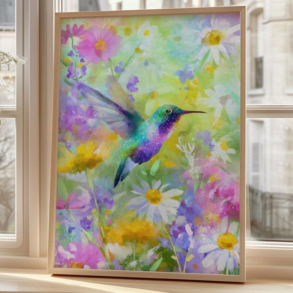Colorful Living Room Wall Decor Watercolor Flower Poster Hummingbird Illustration Nature Artwork Fresh Hallway Bathroom