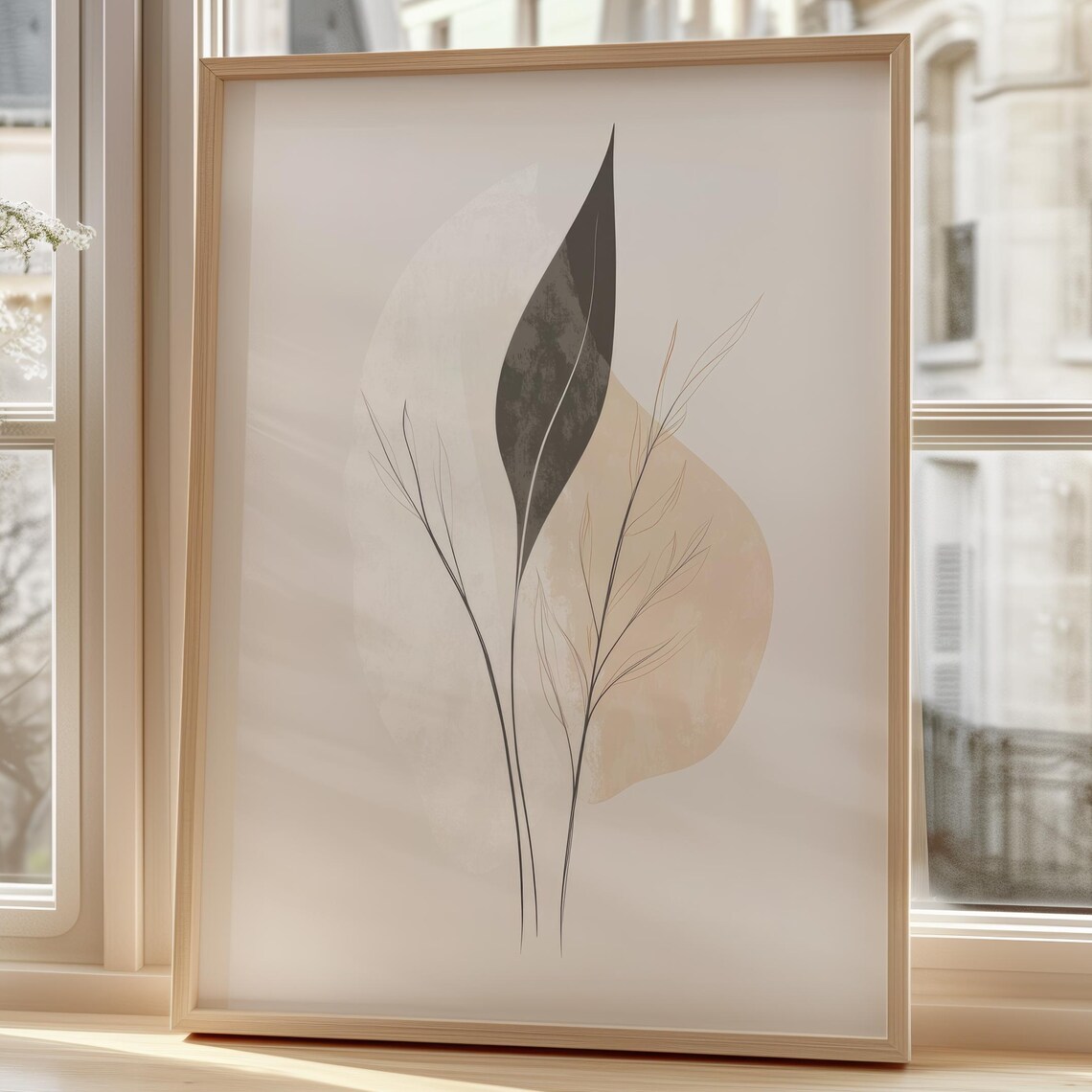 Minimalist Botanical Leaf Line Art Beige Neutral Japandi Poster