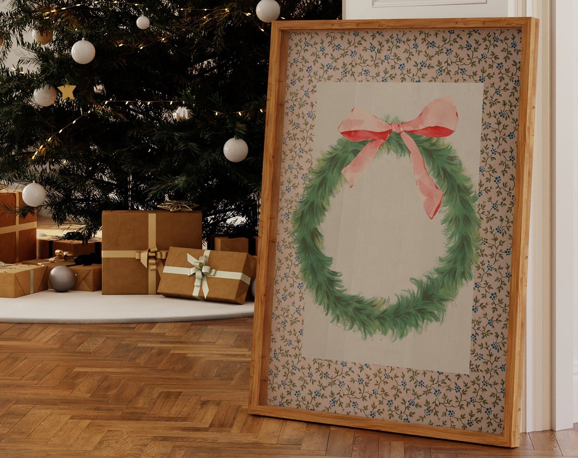 Green Christmas Wreath with Coral Pink Bow Holiday Wall Poster