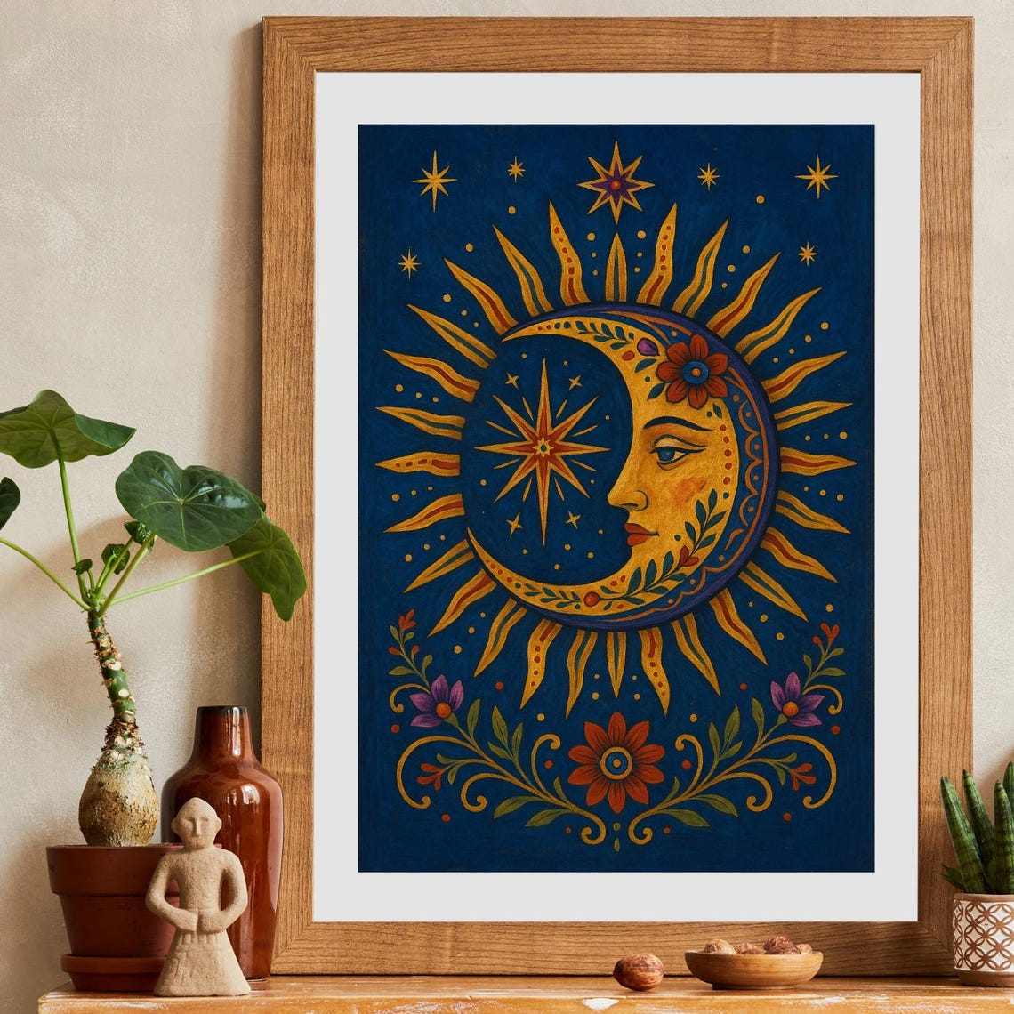 Folk Art Sun and Moon Celestial Face Poster Navy Gold Wall Decor