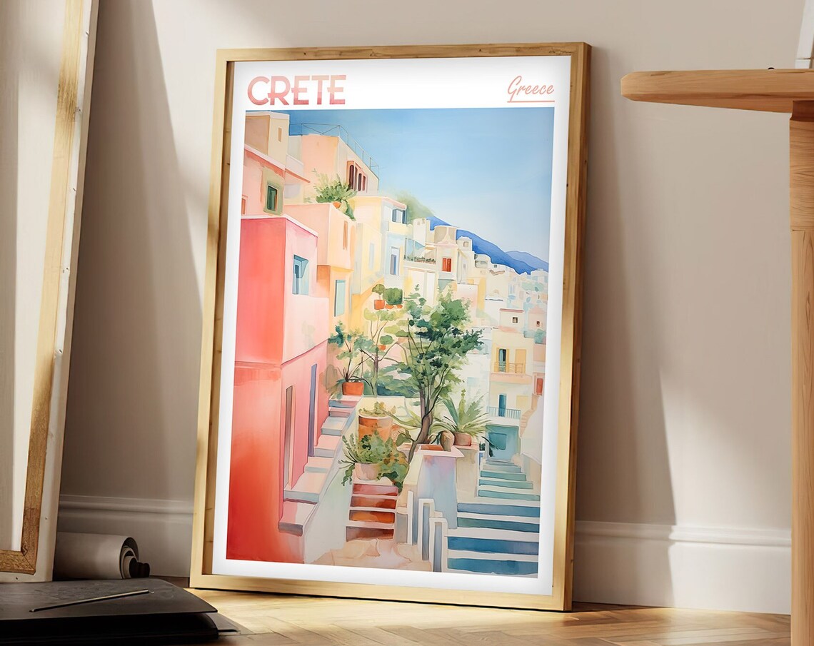 Crete Island Watercolor Poster, Mediterranean Travel Art