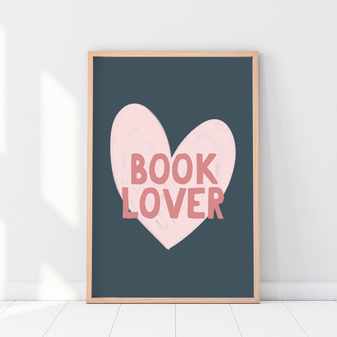 Book Lover Big Pink Heart on Deep Navy Modern Quote Wall Art - Image 4