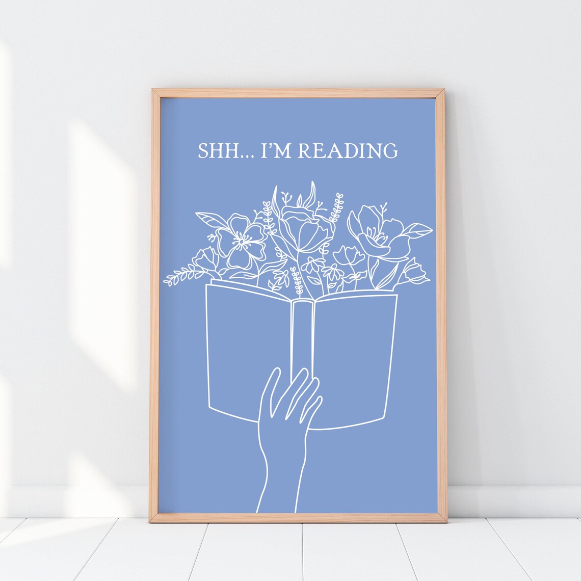 Shh Im Reading Blue Line Art Book Flowers Bookish Quote Poster - Image 4