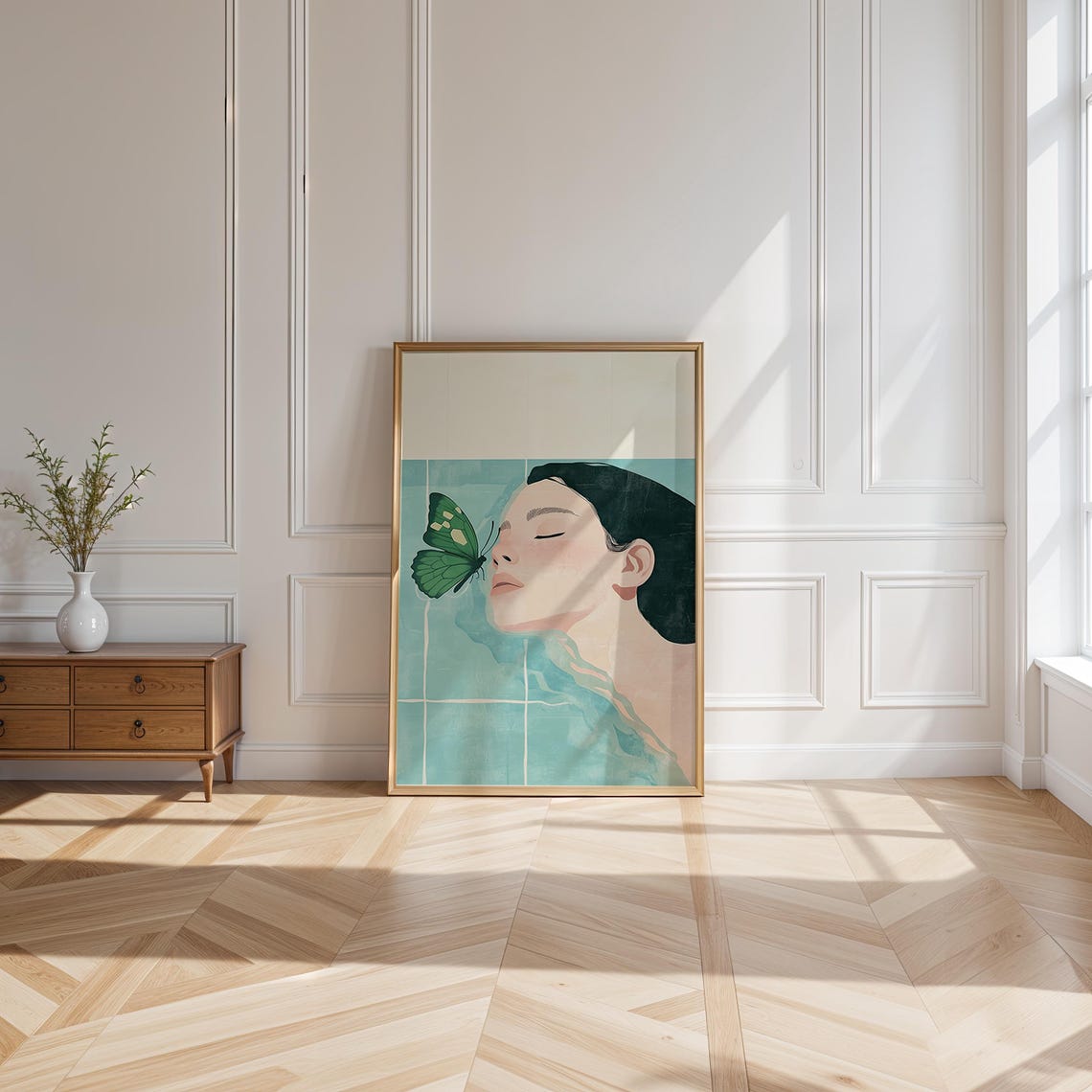 Abstract People Large Wall Art Woman Butterfly Light Bleu Minimalist Print Elegant For Cosy Home Decoration - Image 3