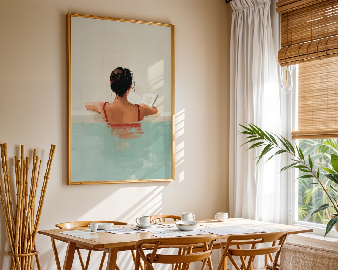 Woman in Red Swimsuit Reading Book in Turquoise Pool Art Poster - Image 5