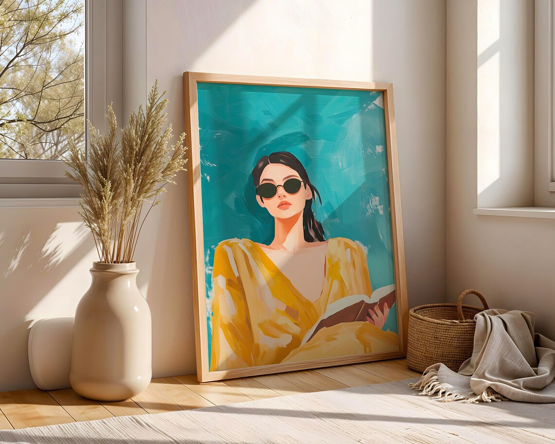 Woman in Sunglasses Reading Book Yellow Turquoise Art Poster - Image 3