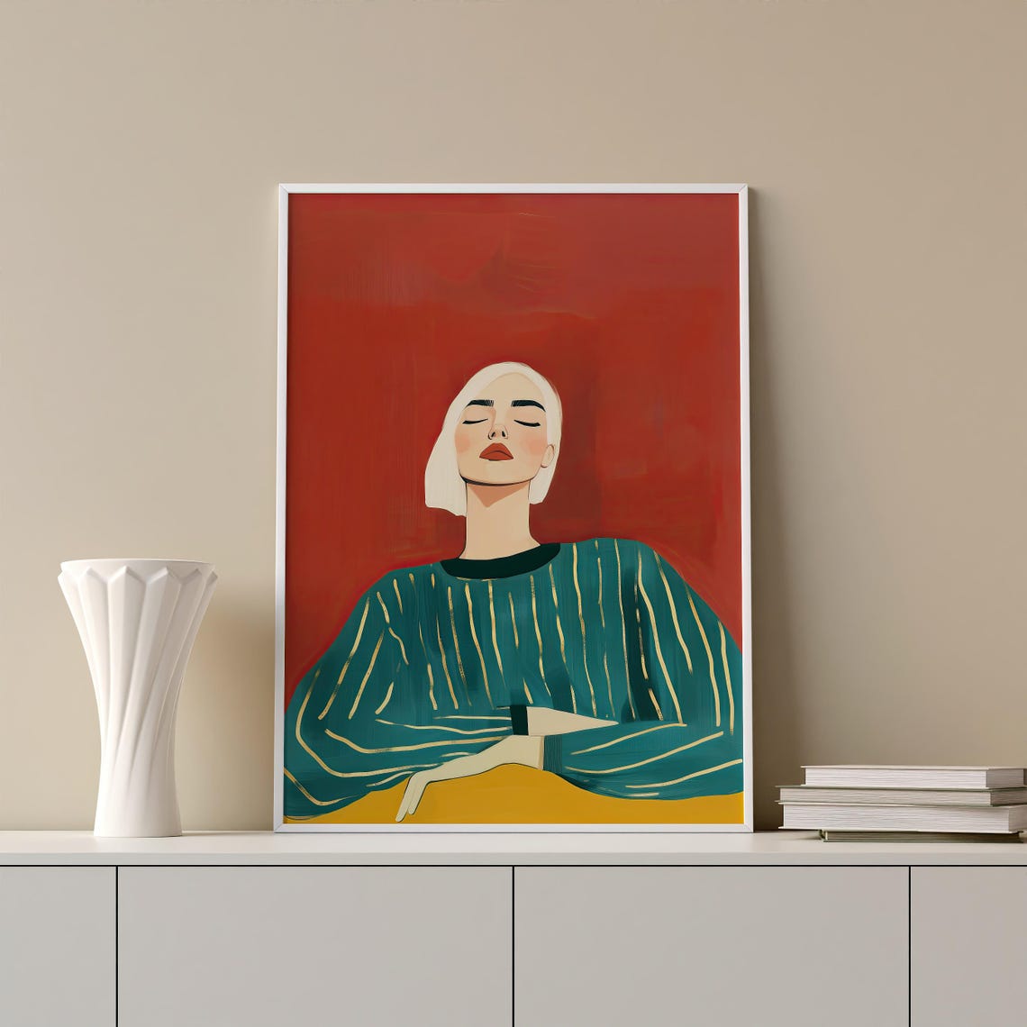 Abstract Woman Portrait Minimalist Female Wall Art Modern Fashion Illustration Red Green Painting Artwork Contemporary Decor Hobo Home Decor - Image 3