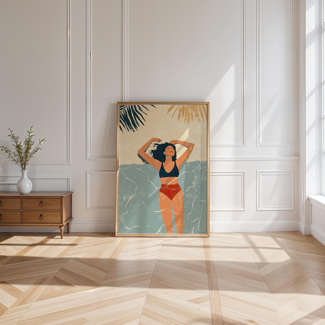 Woman In Bikini Standing In Ocean Water Palm Fronds Minimalist Beach Summer Art Poster