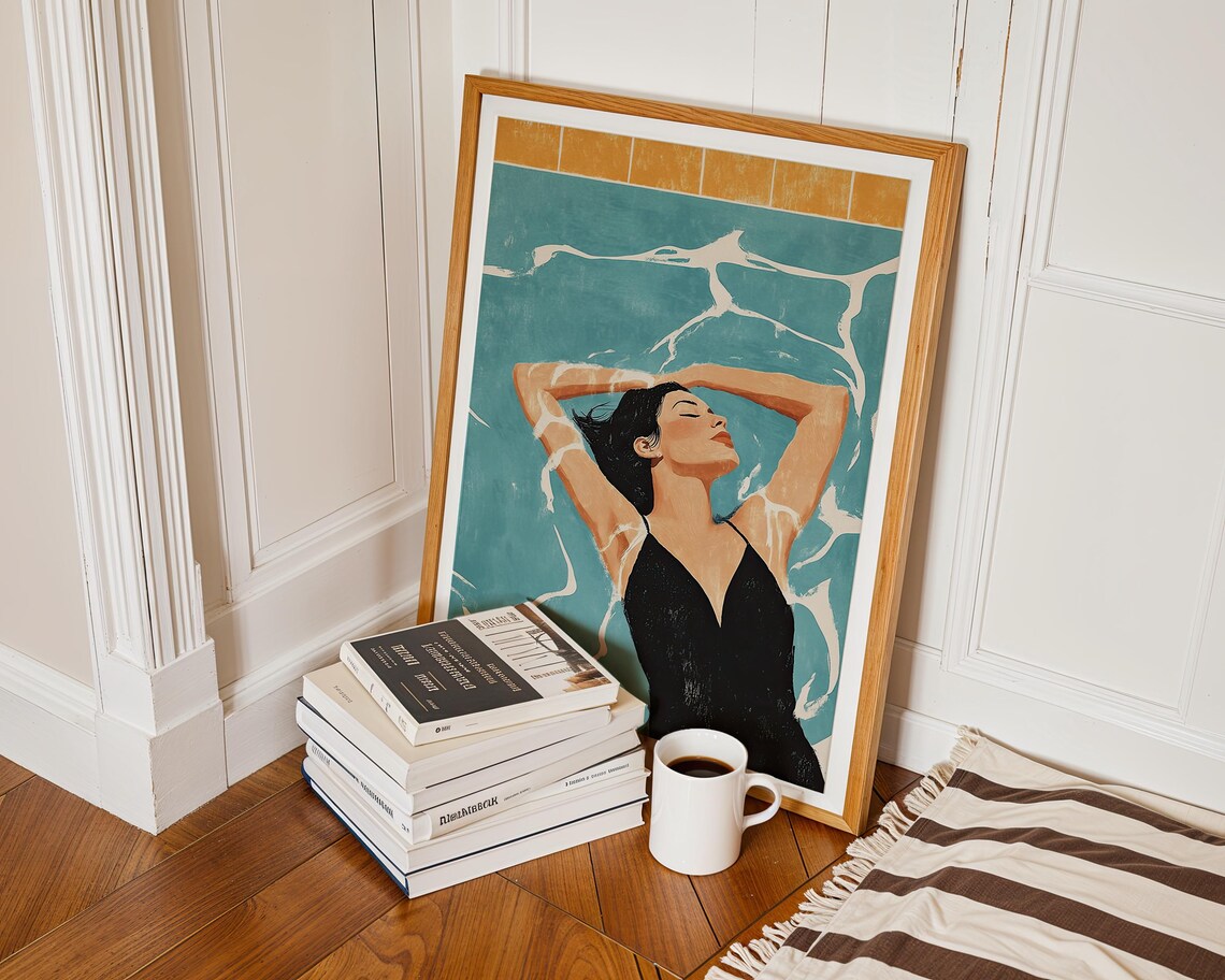 Woman Floating in Turquoise Pool in Black Swimsuit Summer Poster - Image 5