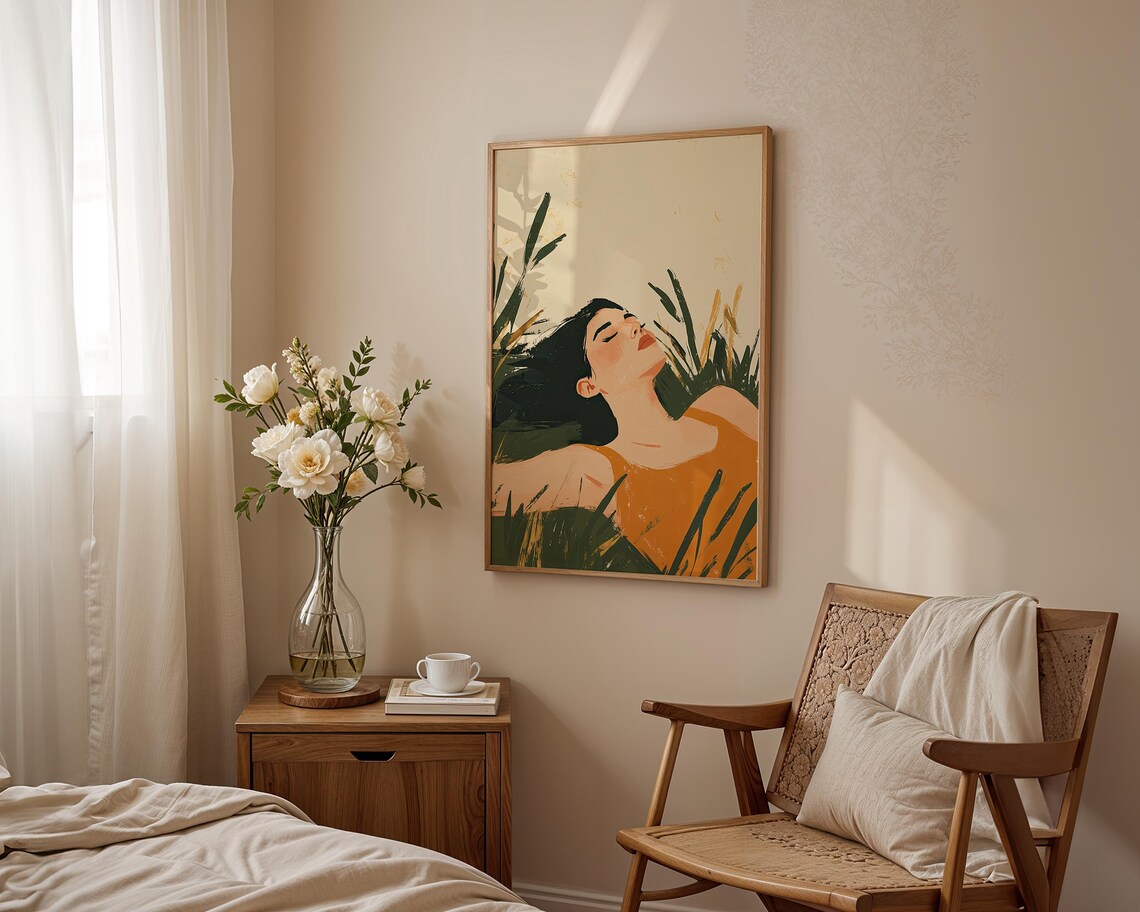 Abstract People Large Wall Art Sunlit Relaxation Orange Woman Minimalist Print Elegant For Contemporary Home Decor - Image 2