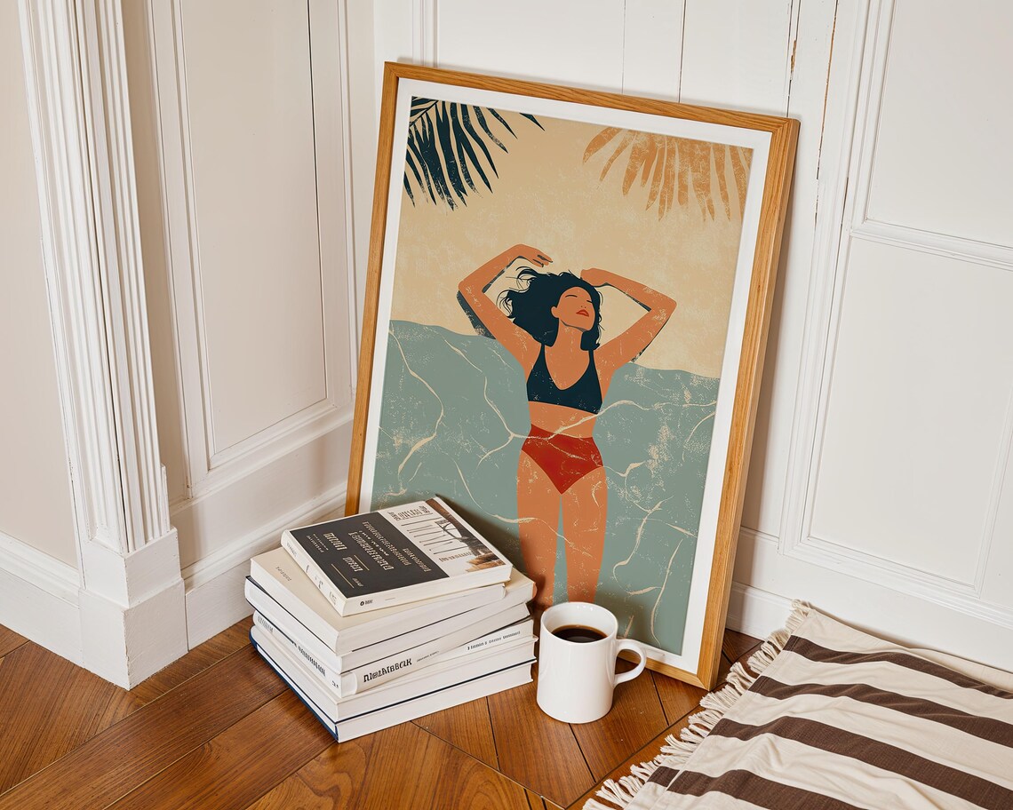 Woman In Bikini Standing In Ocean Water Palm Fronds Minimalist Beach Summer Art Poster - Image 5