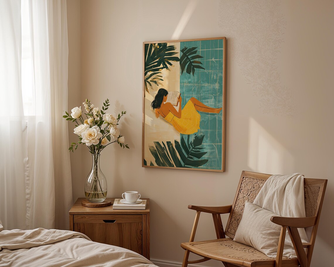 Woman In Yellow Dress Reading By Pool Tropical Palm Leaves Relaxed Summer Art Poster - Image 2