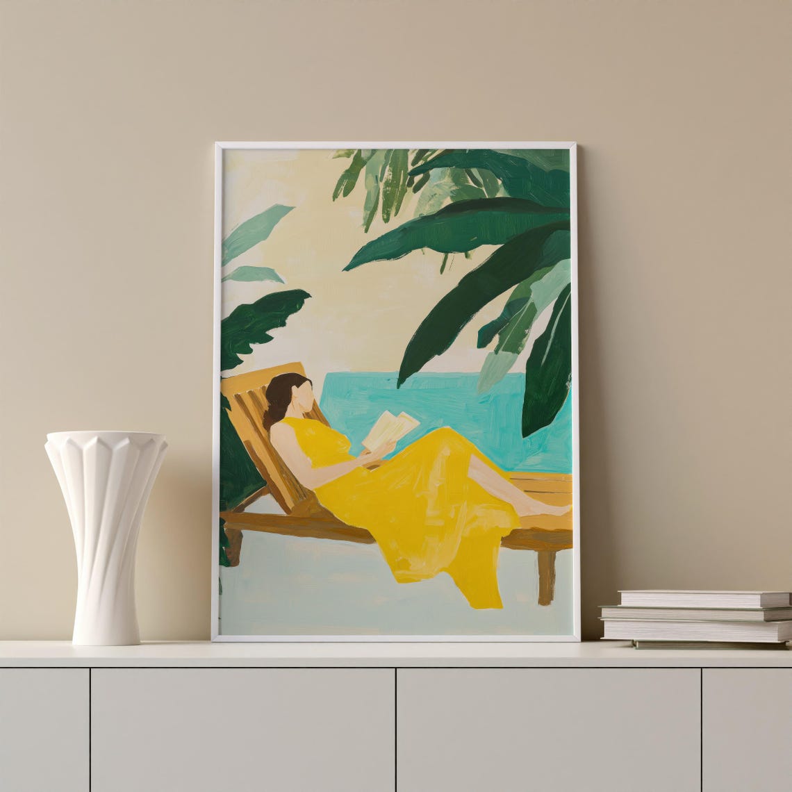 Tropical Beach Art Relaxing Woman Print Summer Abstract Wall Art Coastal Boho Decor Palm Tree Painting Yellow Green Print Ocean Poster - Image 4