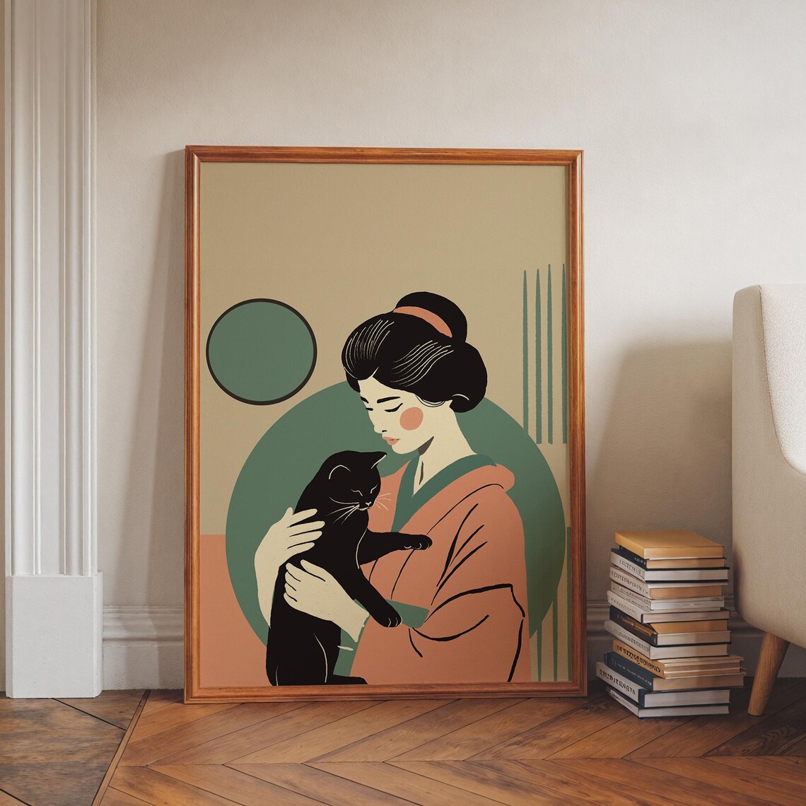 Japanese Woman With Black Cat Modern Japandi Style Illustration Art Poster