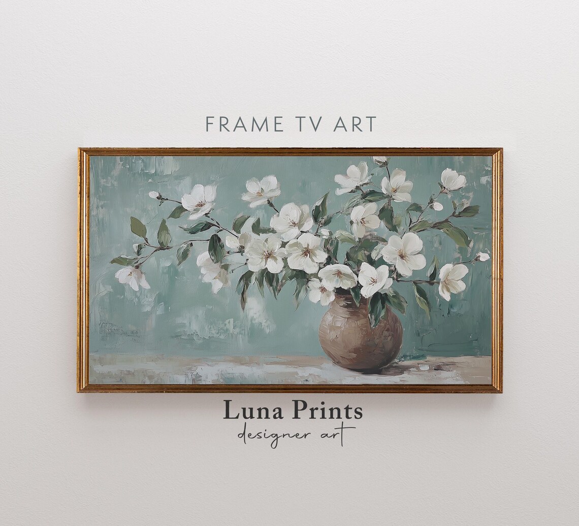 White Blossoms Vase Sage Green Vintage Floral Still Life Poster