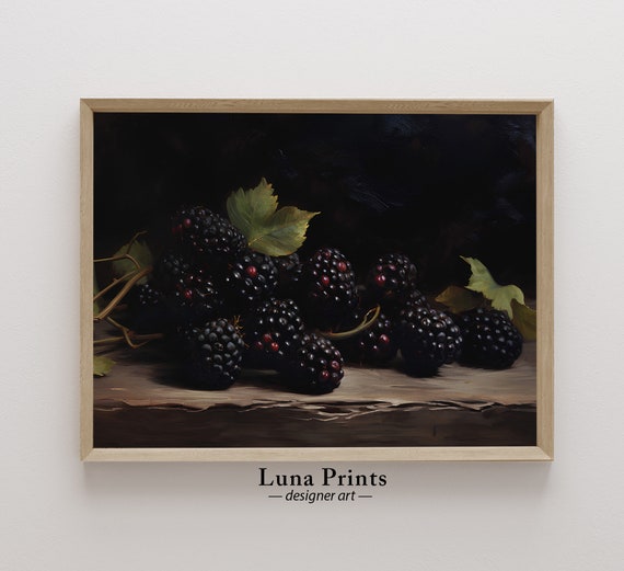 Blackberry Painting Art Kitchen Shelf Moody Still Life Vintage Fruit