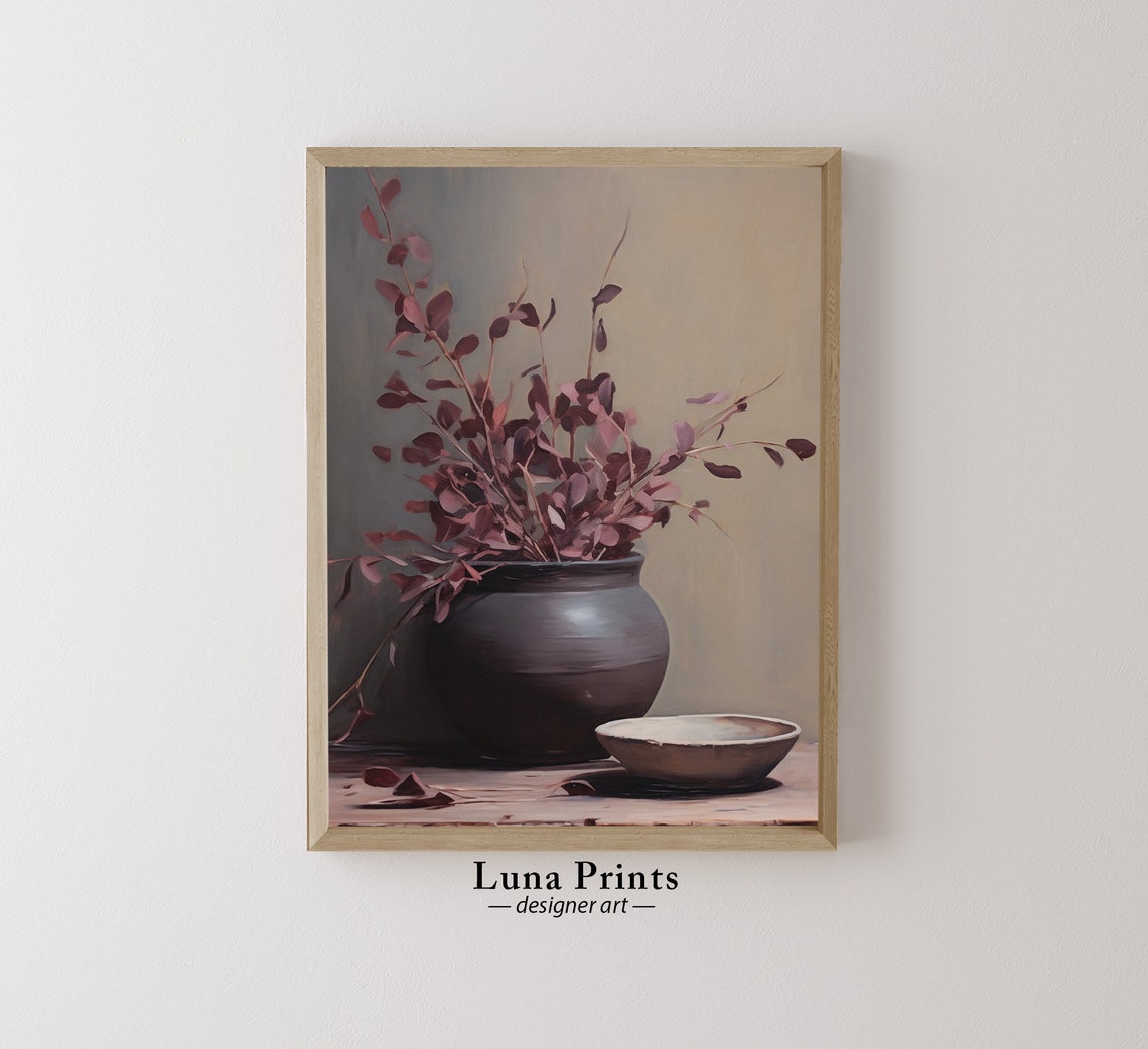 Burgundy Eucalyptus Stems Vintage Fall Art Print