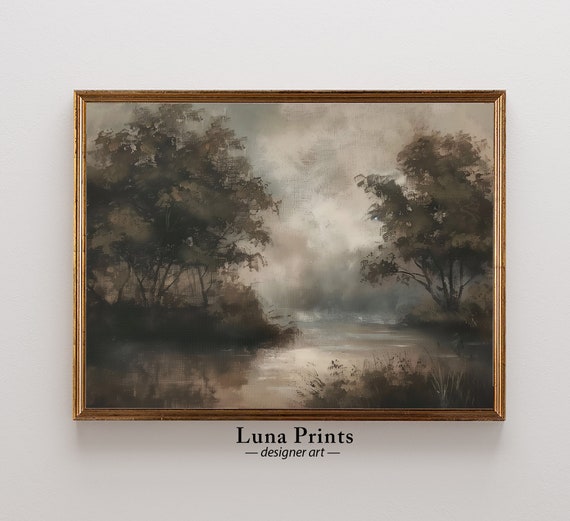 Moody Landscape River Painting, Trees for Living Room