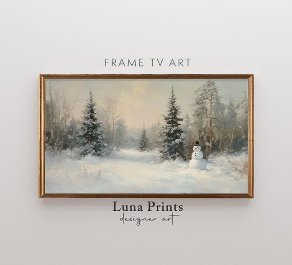 Winter Forest Frame Tv Art Vintage Snowy Landscape Painting Screensaver Neutral Snowman Tv10393