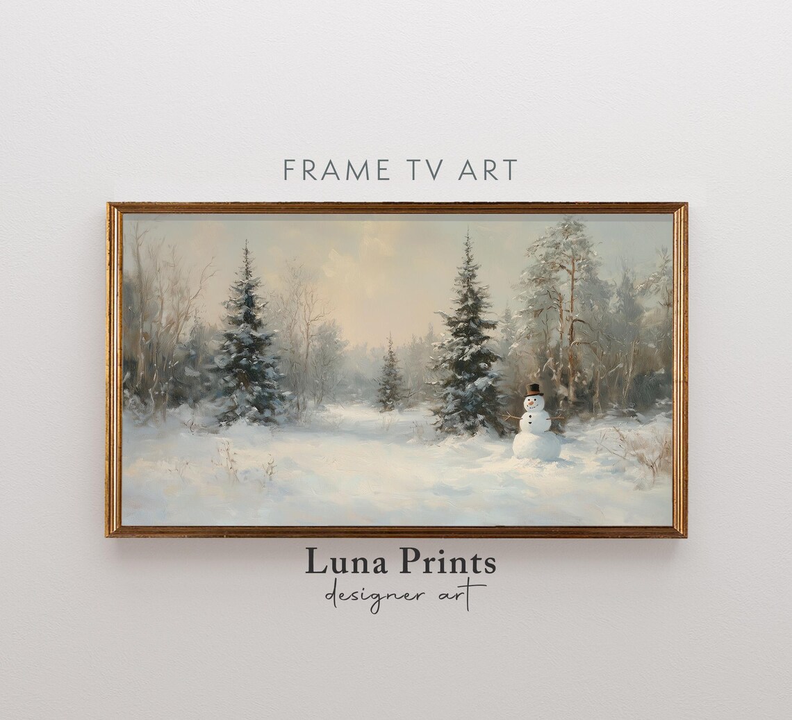 Snowman Winter Forest Clearing Vintage Snowy Landscape Poster
