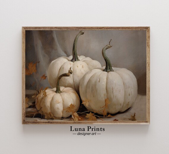 White Pumpkins Neutral Rustic Fall Still Life Autumn Art Poster