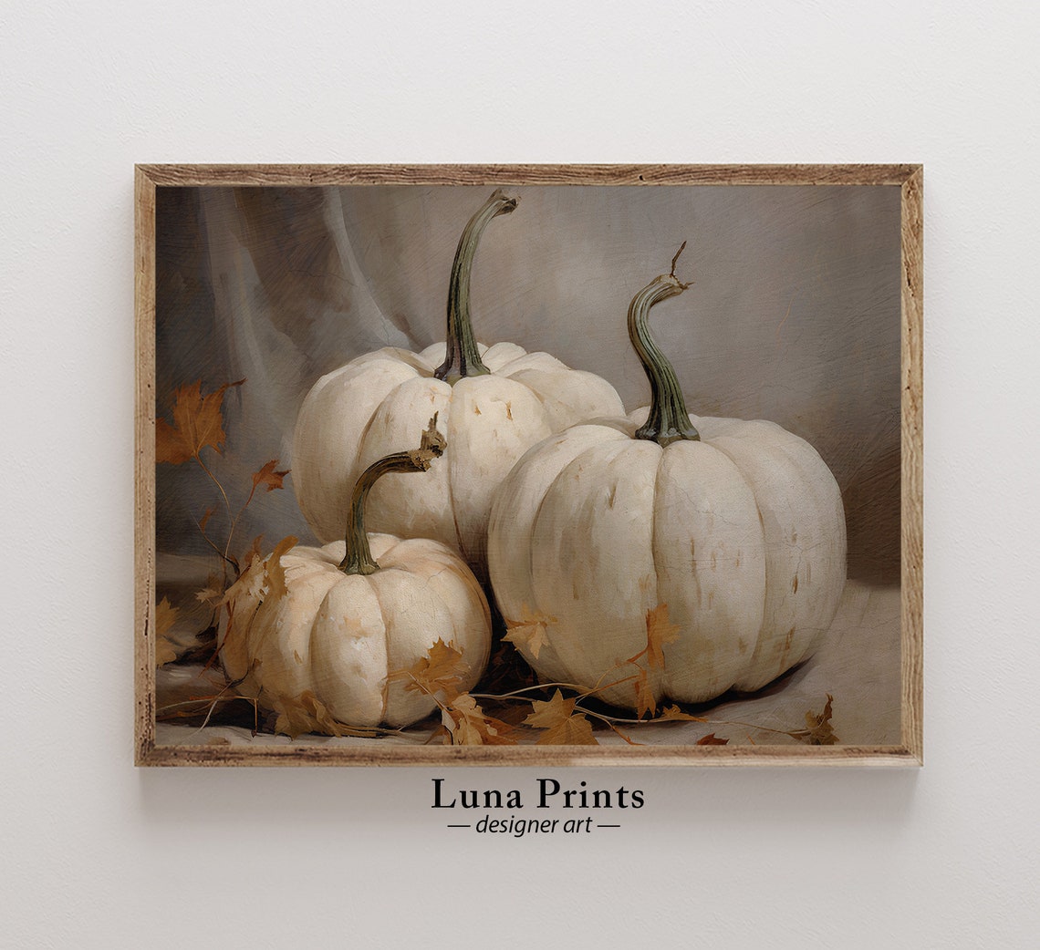 White Pumpkins Neutral Rustic Fall Still Life Autumn Art Poster