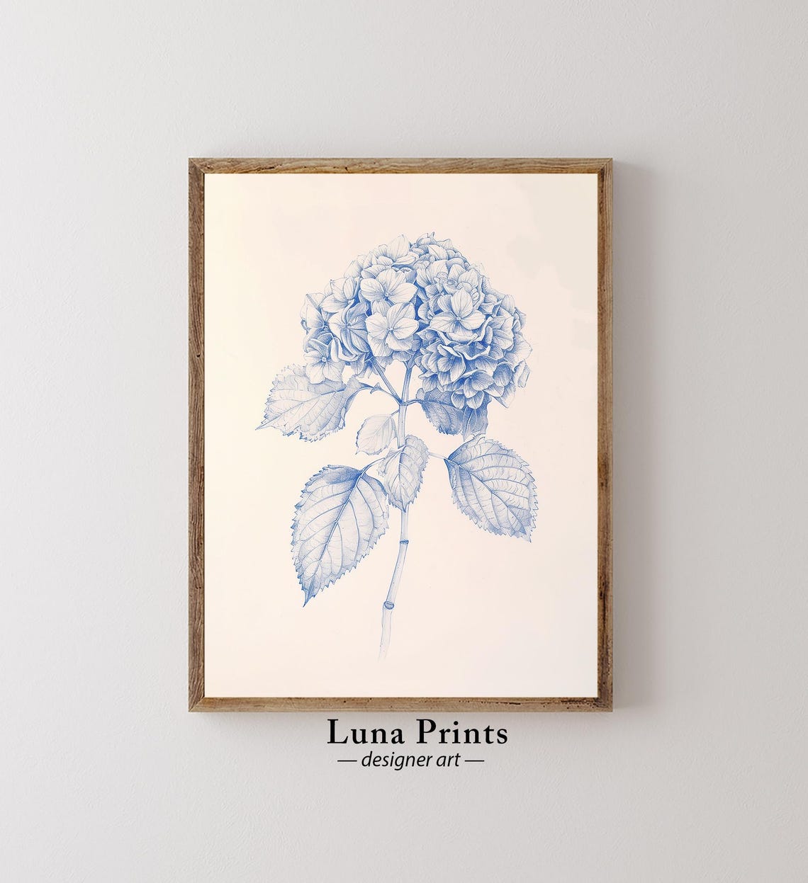 Blue Hydrangea Stem Detailed Botanical Line Drawing Wall Art