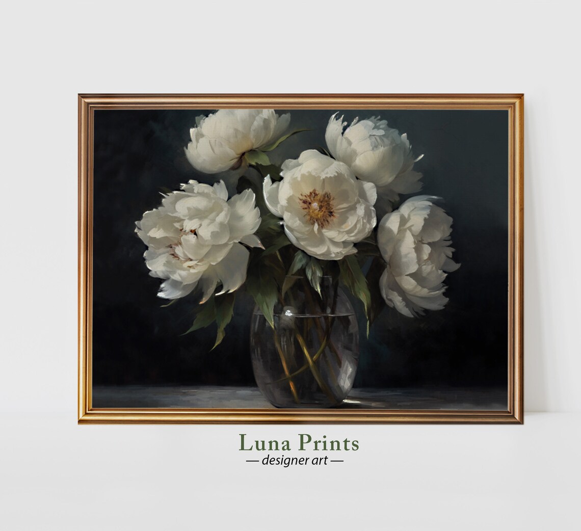 Moody White Peonies Vintage Floral Still Life Oil Painting Poster