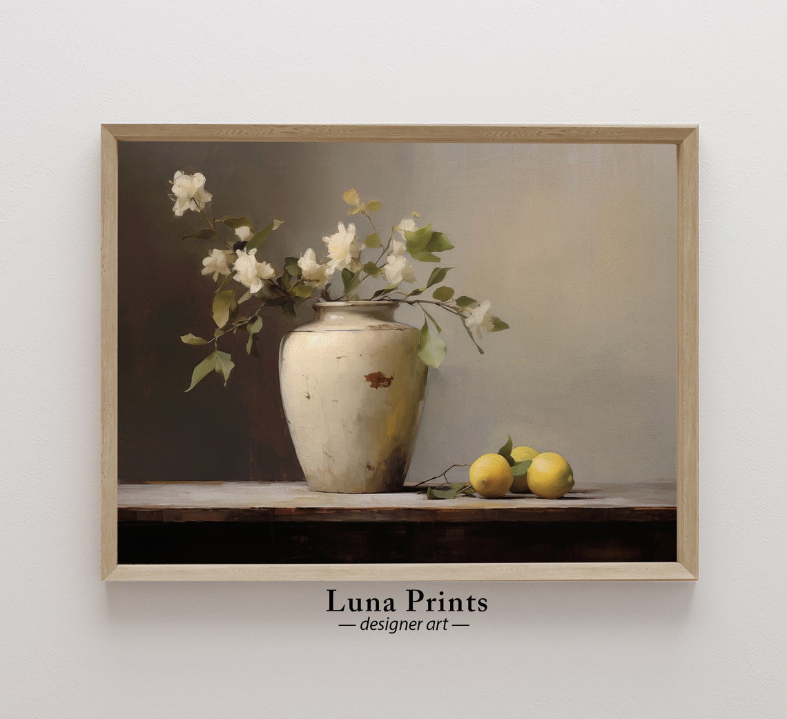 Rustic Vase With Flowering Branches and Lemons Moody Still Life Poster