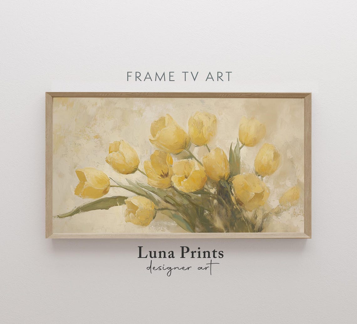 Yellow Tulips Vintage Floral Oil Painting Soft Neutral Frame TV Poster