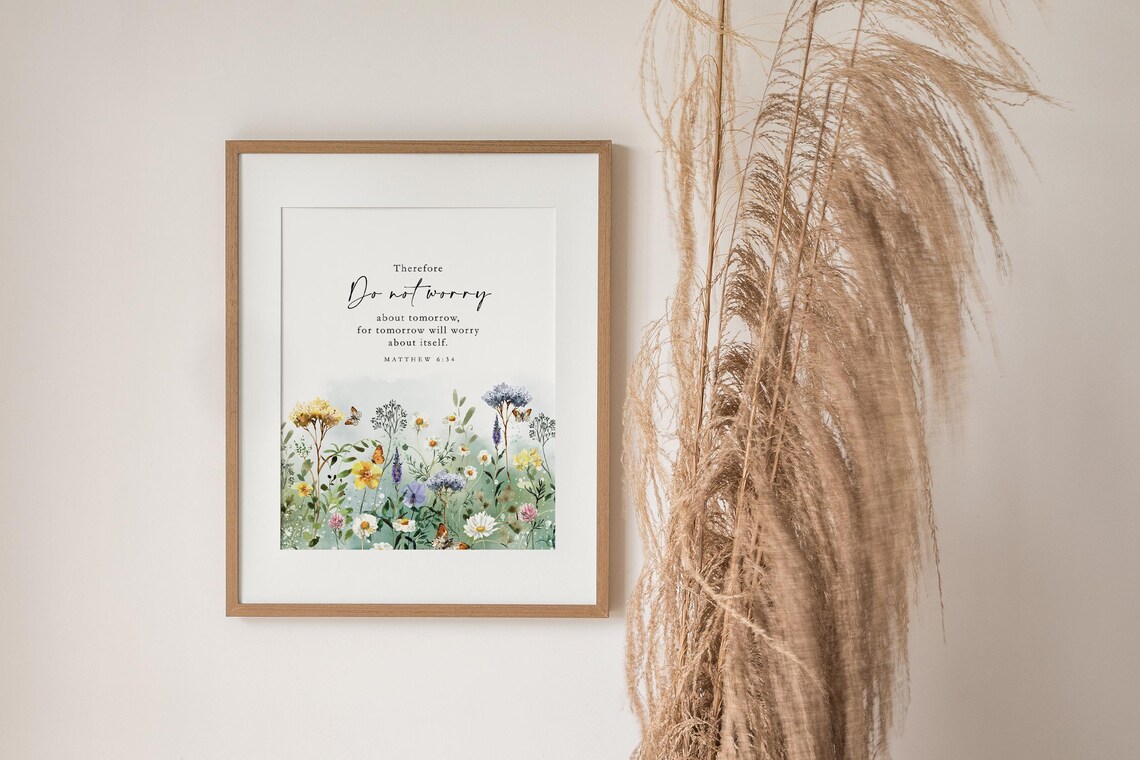 Matthew 6:34 Bible Verse Watercolor Wildflower Art Print - Image 2