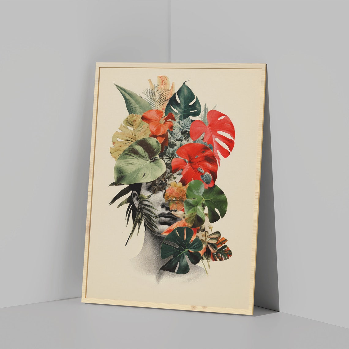 Tropical Monstera Leaves Woman Face Botanical Collage Poster - Image 2