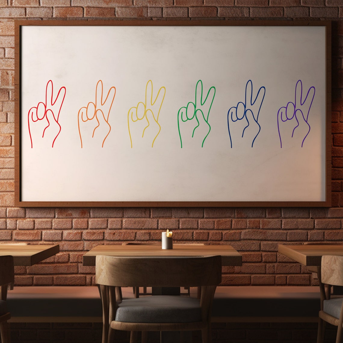 Rainbow Peace Sign Hands Line Art Colorful Minimalist Poster - Image 2
