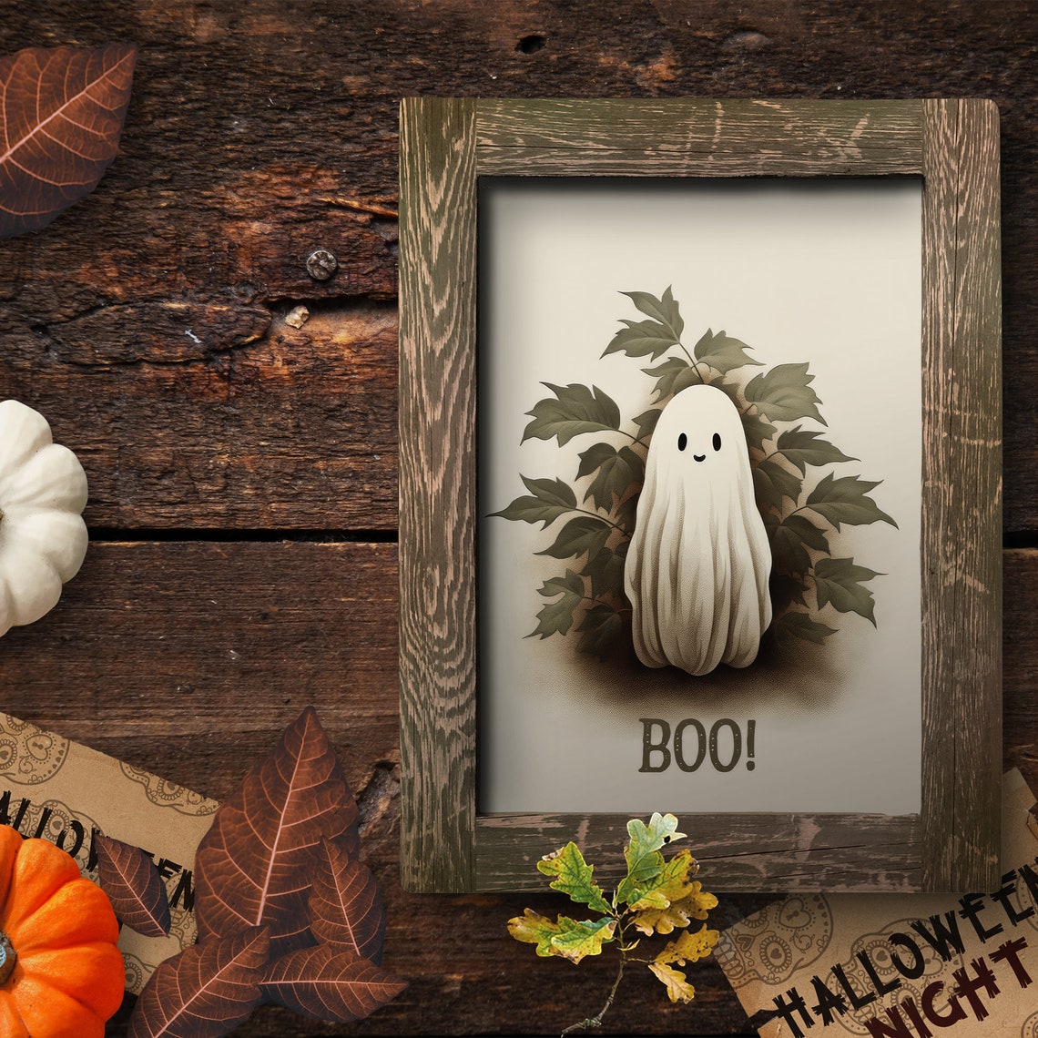 Cute Ghost Boo Vintage Halloween Autumn Leaves Nursery Art Poster - Image 6
