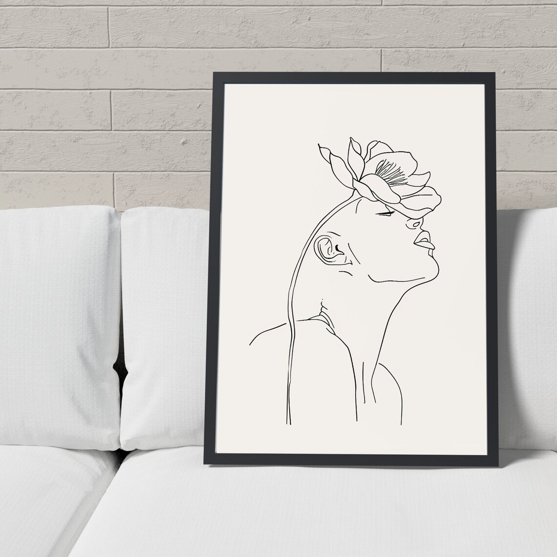 Elegant Line Art Woman with Magnolia Flower Beige Art Poster - Image 5