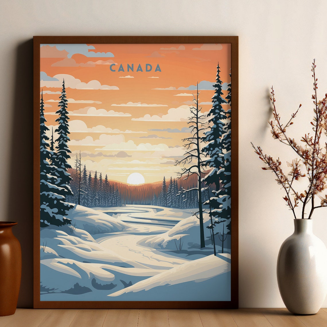 Canada Winter Wonderland Snowy Forest River Sunset Travel Poster - Image 4