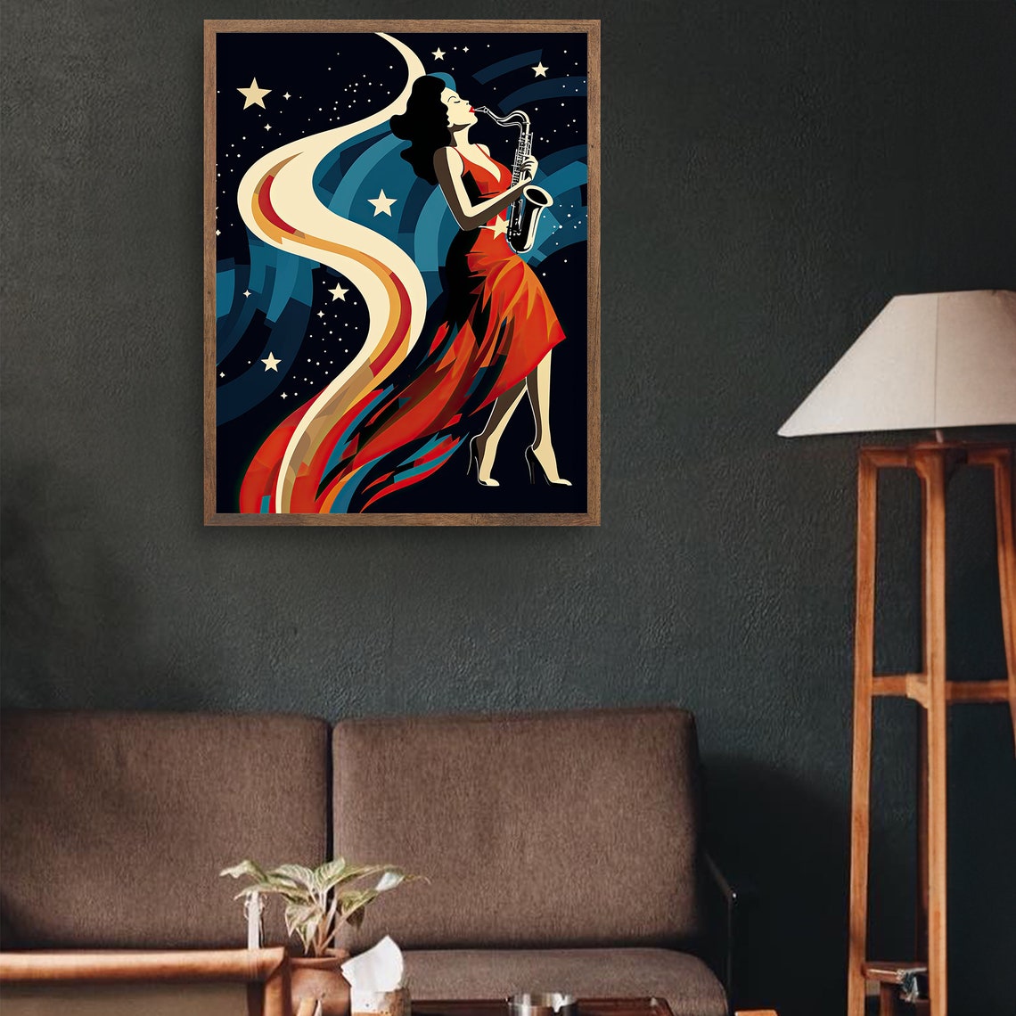 Saxophone Lady Red Dress Starry Night Art Deco Jazz Music Poster - Image 4
