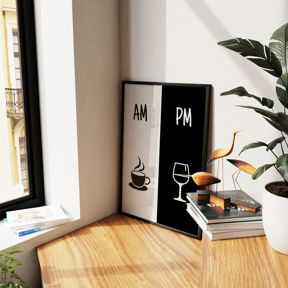AM Coffee PM Wine Funny Split Black White Kitchen Gift Poster - Image 3