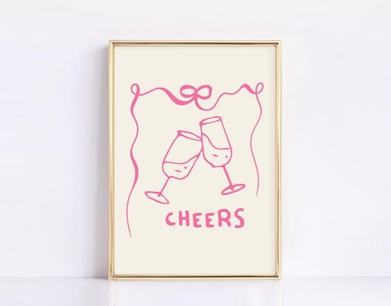 Pink Cheers Bar Art Print Coquette Bow Home Decor Trendy Bar Cart Art Cute Kitchen Poster Retro Girly Wall Art Wall Art