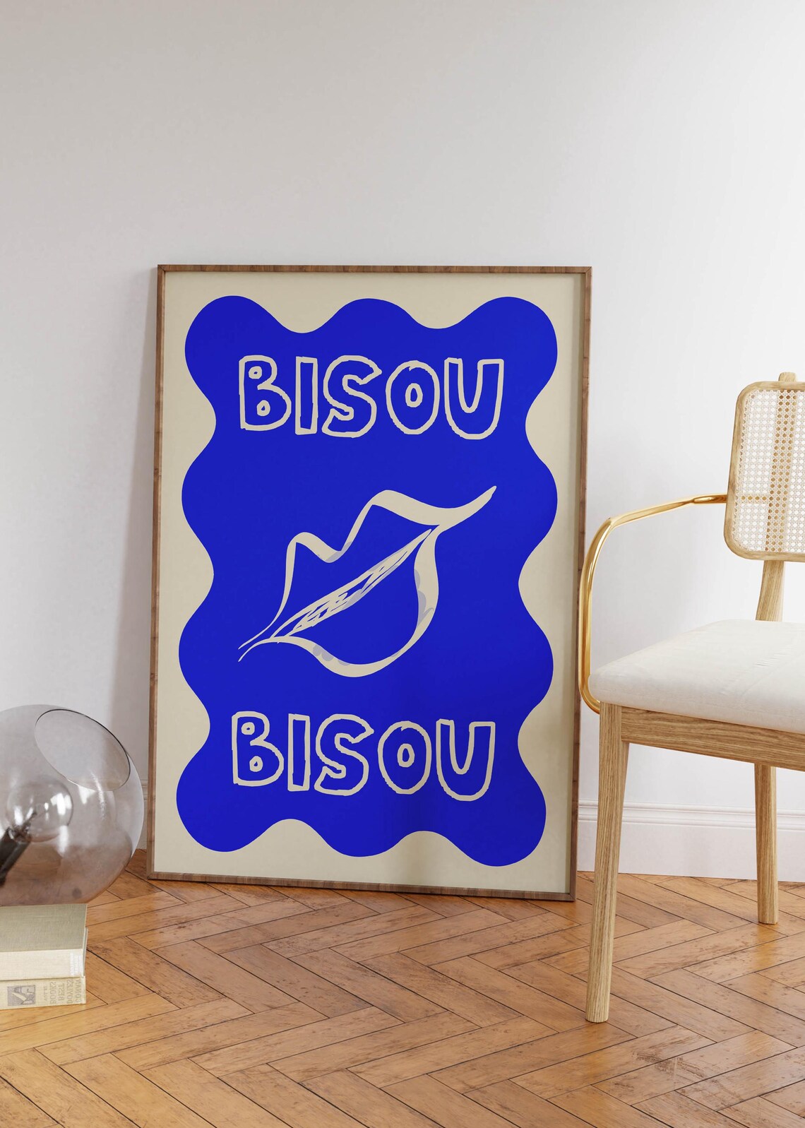 Cute Bisou French Kiss Lip Blue Wavy Border Retro Quote Print - Image 2