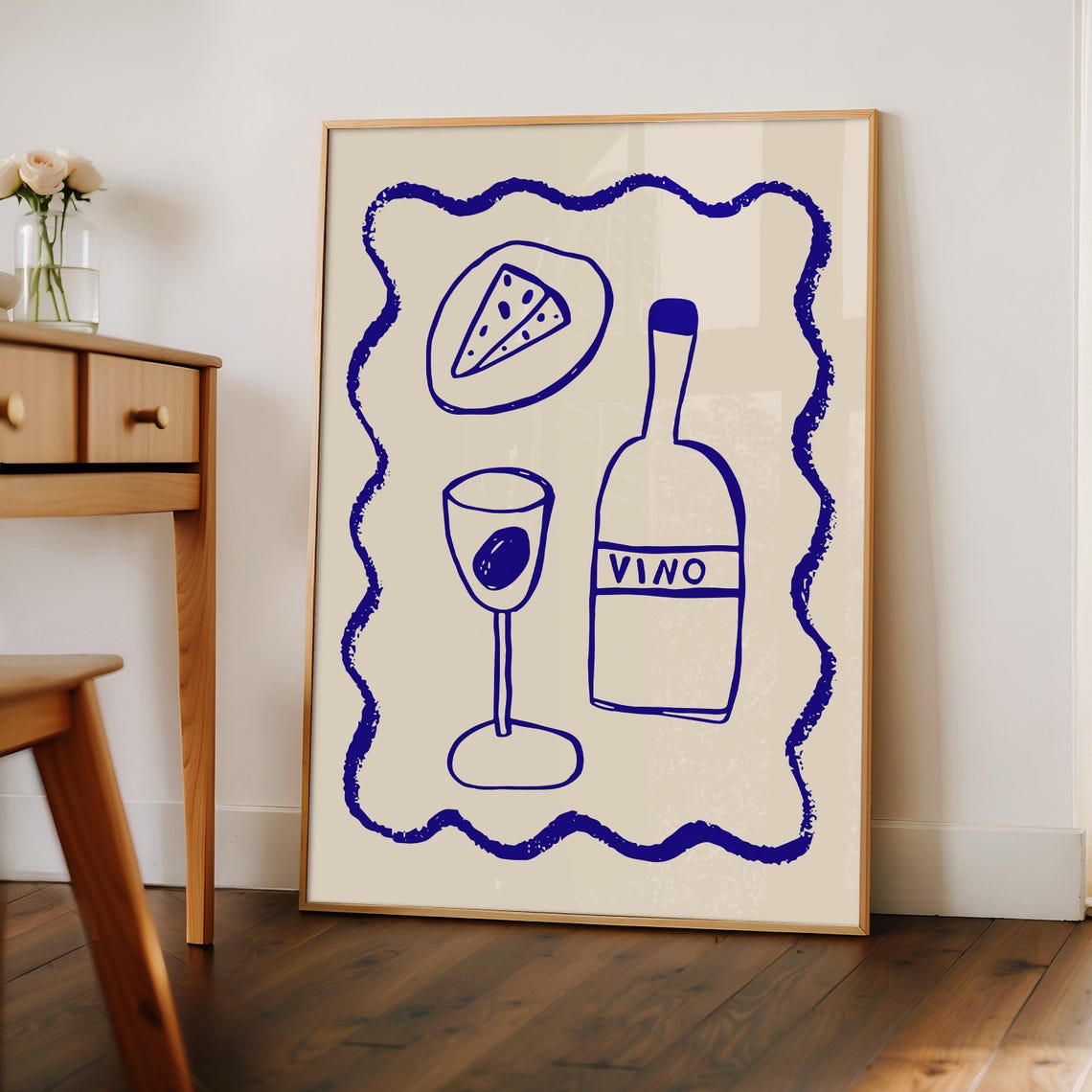 Vino Wine Bottle Cheese Poster Blue Line Art Wavy Border Kitchen Decor - Image 2