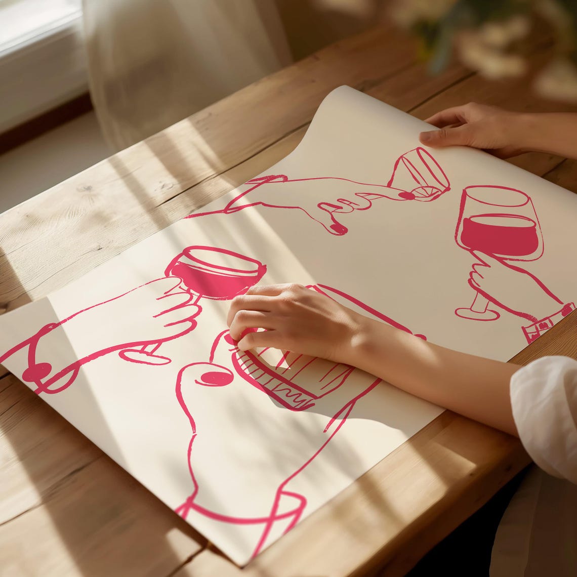 Pink Wine Glasses Toast Line Drawing Bar Cart Kitchen Decor Poster - Image 4