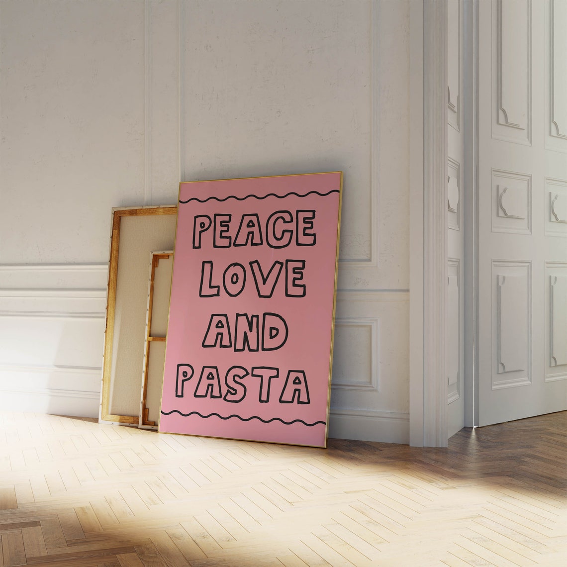 Peace Love And Pasta Hand Drawn Lettering Pink Kitchen Wall Poster - Image 3