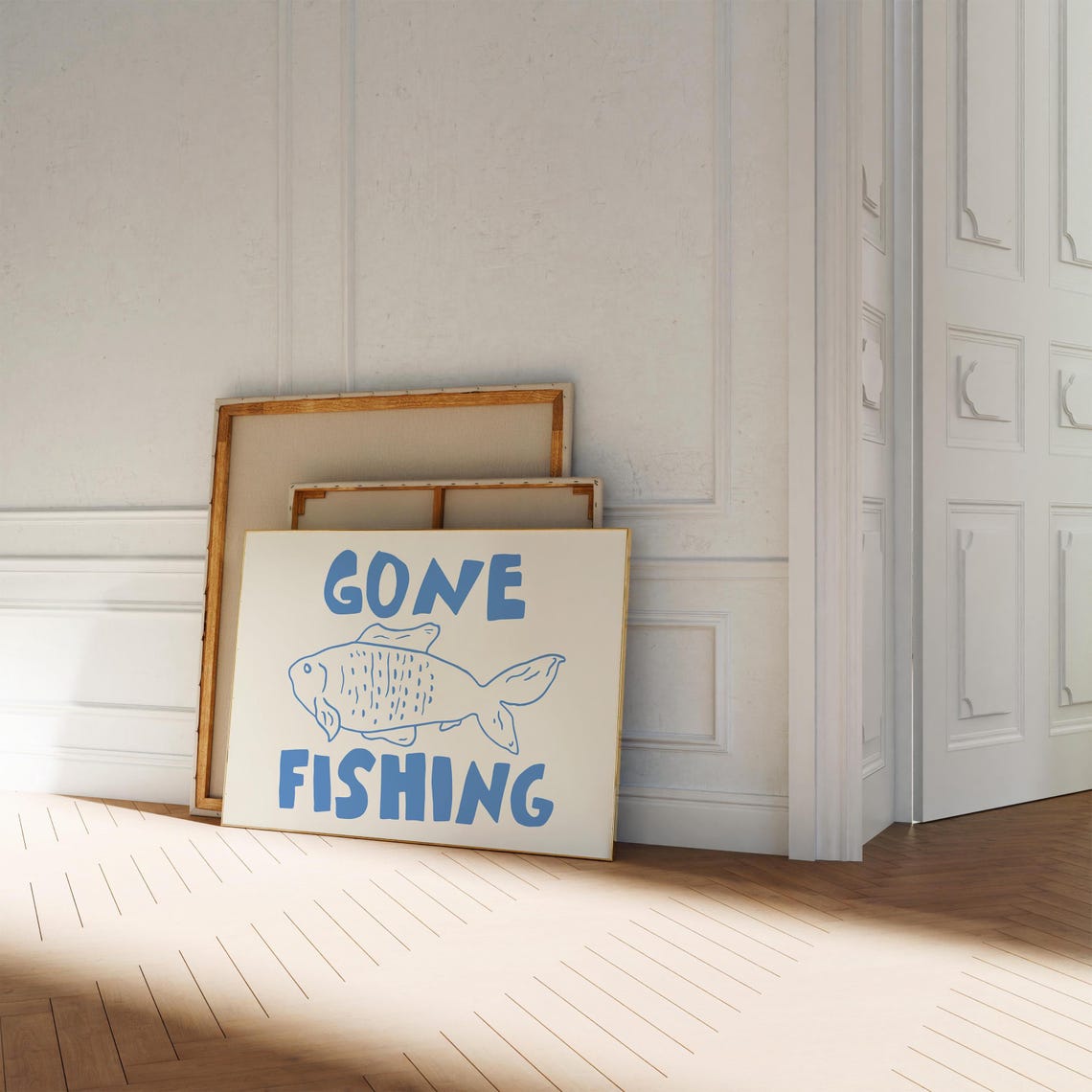 Gone Fishing Blue Bold Letters Fish Doodle Funny Outdoors Quote Poster - Image 3